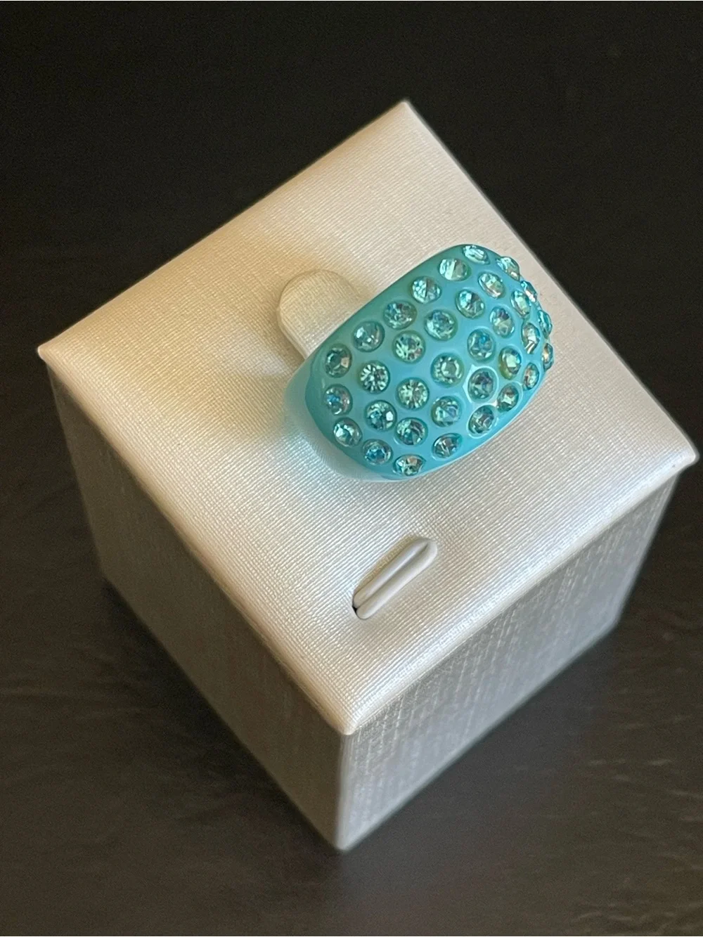 Vintage Aqua blue lucite rhinestone ring.